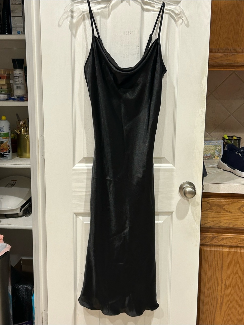 bebe Black Satin Cowl Slip Dress